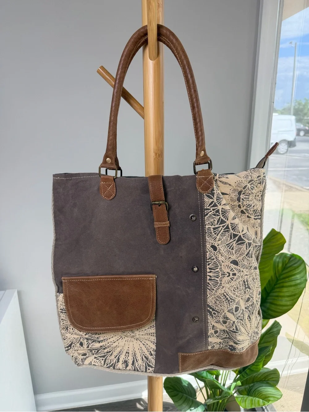 Myra Bag Boho Flower Medallion Upcycled Canvas and Genuine Leather Trim Tote Bag